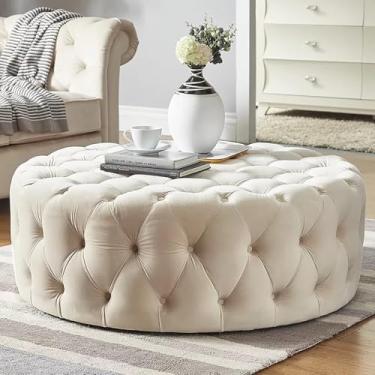 Imagem de Banqueta De Pelúcia Luxuosa E Confortável, Pequena Mesa De Café Moderna, Otomano De Veludo Tufted Redondo, Banco De Fim De Cama Para Sala De Estar Quarto De Hospedagem - Bege