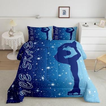 Imagem de Manfei Conjunto de edredom solteiro para patinação no gelo, patinação artística, esportes de inverno, silhueta, 2 peças, para meninos e meninas, edredom azul marinho gradiente estrelado com glitter, 1