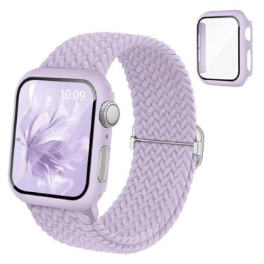 Imagem de Pulseira elástica trançada compatível com relógio Apple e capa de 40 mm, 41 mm, 42 mm, 44 mm, 45 mm, 46 mm, pulseira elástica de nylon e capa protetora com protetor de tela para Apple Watch séries 11