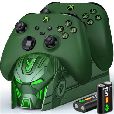 Imagem de DINOSTRIKE Estação De Carregamento Xbox Com 2 Baterias Recarregáveis 5520 Mwh Para Controles One E Series X, Base Dupla 4 Capas (Verde)