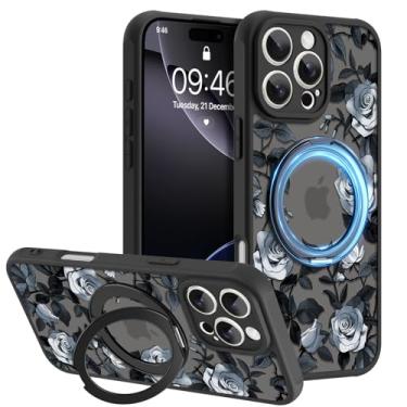 Imagem de AIGOMARA Suporte magnético giratório de 360° para iPhone 16 Pro, compatível com MagSafe, padrão de flor rosa com TPU macio e proteção traseira de policarbonato design fosco semitransparente para