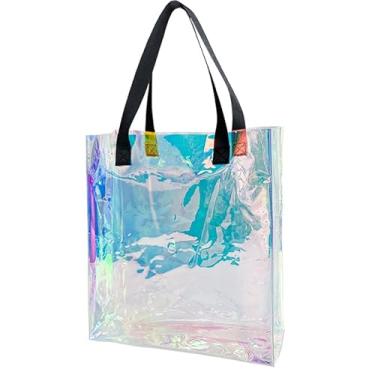 Imagem de TotePrint Sacola holográfica transparente com alça de tecelagem à prova d'água a laser PVC para praia sacola de compras de presente para viagens de estádio, Cabo preto, Large