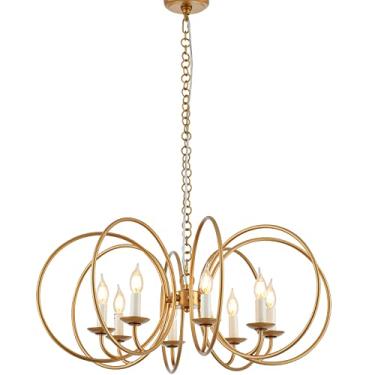 Imagem de MhyTogn Lustre moderno, acabamento em tinta em latão antigo, sombra geométrica com 8 anéis dourados, luminária pendente para sala de jantar, sala de estar, cozinha, ilha, quarto, 8 luzes