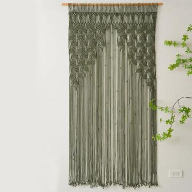 Imagem de Cortina de macramé com borlas de folhas verdes, macramê, para pendurar na parede, boêmio, arco de casamento, chique, macramê, bailarina 85 cm L x 192 cm C, cortina boêmia, decoração de macramê, pano