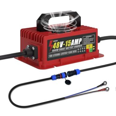 Imagem de Carregador de bateria de 48 V, carrinho de golfe de 1000 W 15 A/carregador de empilhadeira para LiFePO4/lítio/chumbo-ácido | Cabo IP67 à prova d'água de 4,6 m | Refrigeração do ventilador e caixa de