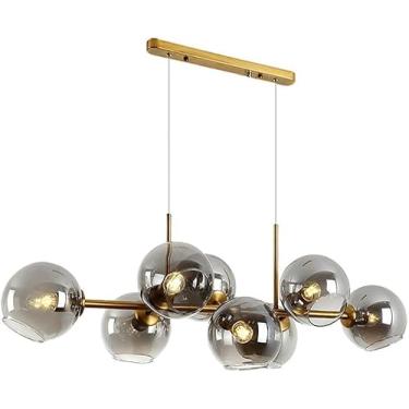 Imagem de Lustre Longo De Bola De Vidro Nórdico, Luzes Da Ilha De 110cm 8-luzes Luz Pendente Esférica E26 Dourado Lustre De Meados Do Século Cinza Fumaça Para Sala De Estar Sala De Jantar, Golden, Transparent