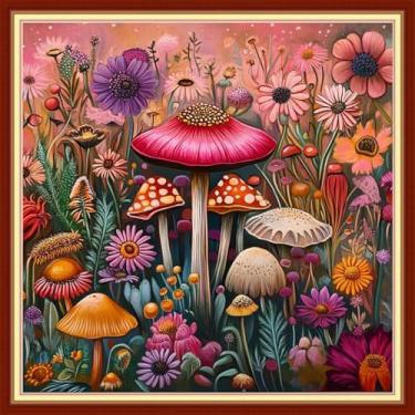 Imagem de DMCVIVR Kits de ponto cruz estampado para iniciantes e adultos, kits de bordado para iniciantes, kit cruzado para iniciantes, 11 quilate - flores coloridas de cogumelo 45,7 x 45,7 cm