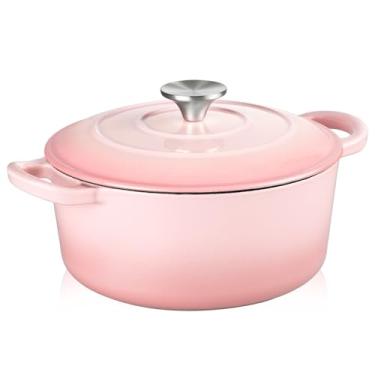 Imagem de TeamFar Forno holandês de ferro fundido esmaltado - Panela de forno holandês pequena de 3 litros com tampa - Panela de ferro fundido resistente para assar pão, refogar, assar, rosa