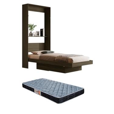 Imagem de Cama Solteiro De Parede Articulada Com Nichos com Colchão (Castanho)