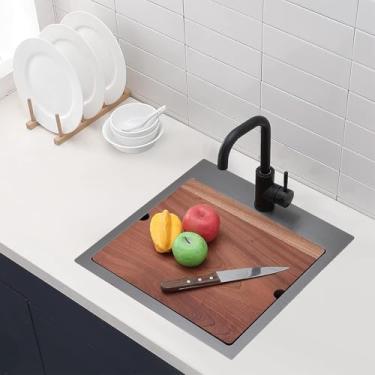 Imagem de UFaucet Pia de barra preta de 45,7 x 45,72 cm, montagem superior, pequena de aço inoxidável, preparação, cozinha, trailer, bar, pia externa, tigela única de montagem superior com tábua de corte, grade