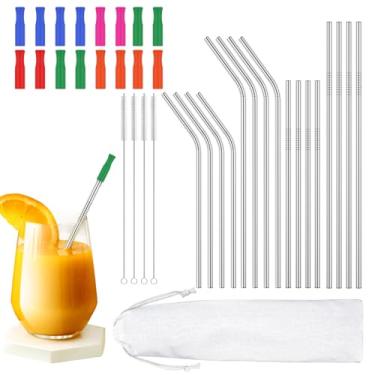 Imagem de 21 Pçs Canudos de Aço Inoxidável, Canudos Curvos Reutilizáveis, Canudos Retos, Canudos Longos para Beber, Canudos Curtos com Pontas de Silicone, Saco de Armazenamento para Canecas Copos Copos (21