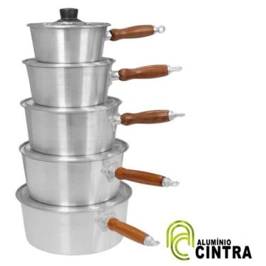 Imagem de Jogo de Panelas Alumínio Grosso Lixada 1 cabo madeira Antiga Fogão Len