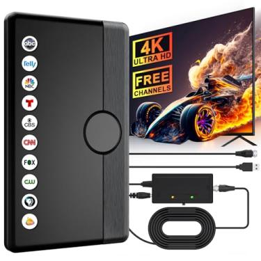 Imagem de Antena de TV interna e externa 2025 para TV inteligente/antiga para recepção de longo alcance de 360° e canais locais, antena digital HD com amplificador de sinal suporta cabo coaxial HDTV 8K 4K 1080p