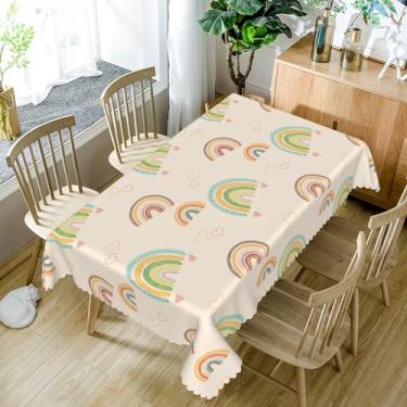 Imagem de SIEDYCV Toalha de mesa retangular boho arco-íris, 132 x 178 cm, boêmia, arco-íris, rosa, marrom, verde, azul, amarelo, coração, arqueado, para jantar, café, aniversário, chá de bebê, decoração de casa