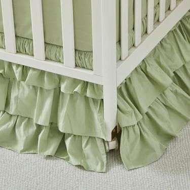Imagem de Brandream Saia para cama de berçário de algodão de camada tripla para bebês meninas meninos e crianças pequenas cor sólida verde claro poeira babados gênero neutro fazenda chique boho saia boêmia