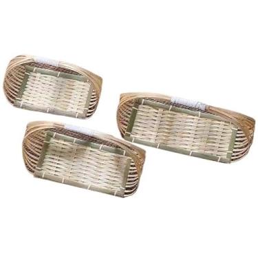 Imagem de Bandeja de bambu trançada à mão com alça portátil para frutas, sobremesas, doces, cesta plana para chá, decoração de hotel(3-piece set)