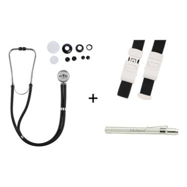 Imagem de Estetoscópio Rappaport Duplo + Garrote De Elastano + Lanterna Clínica 