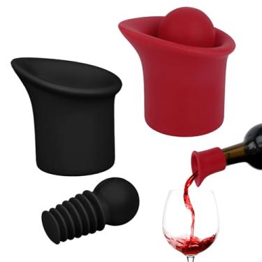 Imagem de 2 Conjuntos de 2 em 1 Rolhas e Dosadores Silicone Garrafas Vinho, Rolhas Preservação Vinho e Champanhe com Vácuo Reutilizáveis Fáceis Limpar Acessórios para Bar Restaurante(Preto, Vermelho)