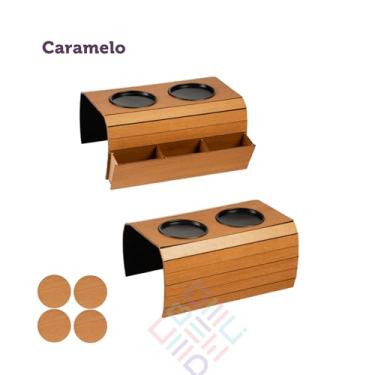 Imagem de COMBINANDINHO DECORAÇÕES Esteira para Braço de Sofá, 29 x 40 cm, MDF Marrom, 2 Porta-Copos, Organizador para Controles, Kit com 2 Unidades (Caramelo)