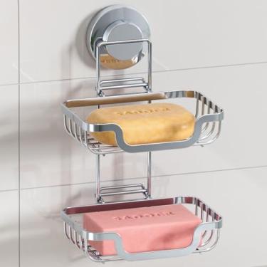 Imagem de LEVERLOC Suporte de sabão de 2 camadas, saboneteira para chuveiro montada na parede, suporte de esponja de ventosa de aço inoxidável para banheiro, banheira, pia de cozinha, impermeável, removível