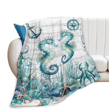 Imagem de Kylora Manta de cavalo marinho com cavalos marinhos, cobertores, aconchegante, flanela, pelúcia, roupa de cama leve, para amantes do oceano náutico, presentes para homens, mulheres, adultos, para sofá