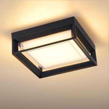 Imagem de CHENS01 Luminária de teto de LED quadrada embutida para ambientes externos, 120 V 24 W 3000 K 23 cm, luzes de teto médias para varanda e pátio, à prova d'água, adequada para áreas úmidas, preto