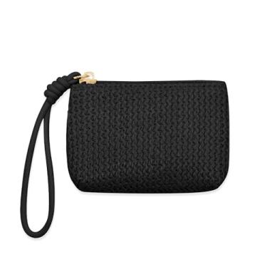 Imagem de LJCZKA Bolsa de moedas de palha para mulheres pequena bolsa de palha com zíper clutch carteira de moedas boêmia verão praia mini bolsa (preto)