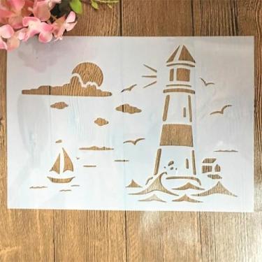 Imagem de TIAMECH A4 Estêncil reutilizável de vela marítima de farol para pintura - modelo de camadas de nascer do sol na praia, arte de parede DIY, móveis de madeira, álbum de recortes e artesanato (21 x 29,7