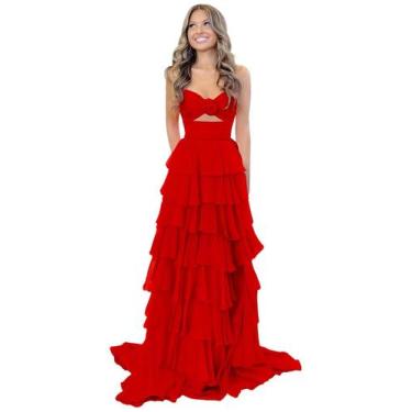Imagem de Vestido Yuxin de chiffon sem alças em camadas vermelho comprido para d