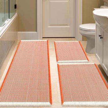 Imagem de IM HOME Conjunto de 3 peças de tapete de banho waffle laranja e creme, tapetes de banho modernos tecidos, tapete de banho antiderrapante absorvente, tapetes de banho boho macios laváveis com borlas