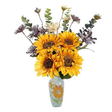Imagem de MELAJIA Flores falsas em vaso de cerâmica, decoração de mesa de café, girassóis, arranjos de flores artificiais para cozinha, mesa de dançar, sala de estar, banheiro, casa, decoração interna