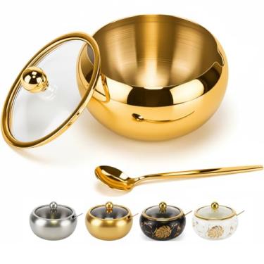 Imagem de Açucareiro de 425 g com tampa de vidro e colher, recipiente de açúcar com acessórios de barra de café, pote de aço inoxidável para sal, chá, cubo de açúcar mascavo, pode ser lavado na lava-louças