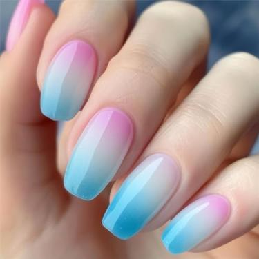 Imagem de RTKHFZE Unhas postiças quadradas de pressão média, rosa, azul, gradiente, unhas postiças com design, unhas de acrílico brilhante, pontas adesivas para bailarina, cola, pregos, para mulheres