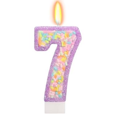 Imagem de ElekFX Vela de aniversário número 7 com granulados, topo de bolo arco-íris de unicórnio roxo pastel, decorações de festa Sweet Candyland para meninas e meninos 7 anos
