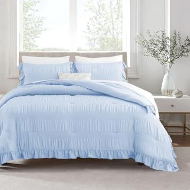 Imagem de ALEISSEL Conjunto de edredom solteiro azul claro, vintage Seersucker conjunto de cama azul ultramacio com 3 peças, conjunto de edredom leve alternativo (azul, solteiro, 172 x 228 cm)