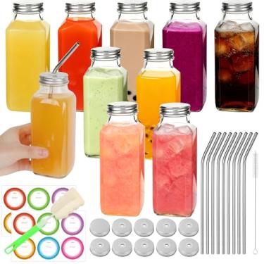 Imagem de BIGIVACA Garrafas de vidro de 350 ml com tampas e canudos – Pacote com 10 garrafas de vidro para sucos – Frascos reutilizáveis para vitaminas, viagens, armazenamento