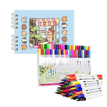 Imagem de Kit Estojo de Colorir 48 Cores Canetinhas Ponta Dupla Canetas Livro - 