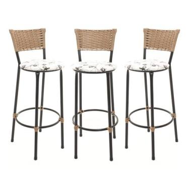 Imagem de KIT 3 Banquetas Tricô Náutico DOURADO Alta Bancada Balcão Cozinha Area