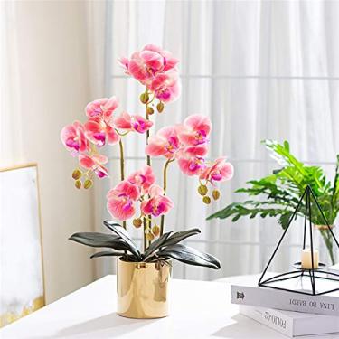 Imagem de Arranjo de flores artificiais Phalaenopsis, flores artificiais de orquídea com vaso dourado, arranjo de flores artificiais para festa de casamento, decoração de centro de casa, planta artificial