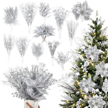 Imagem de Yerliker 108 palhetas e sprays de Natal com purpurina, decoração de árvore de Natal artificial, galhos de cedro falsos, flores e hastes para centro de mesa, guirlanda, vaso faça você mesmo, decoração