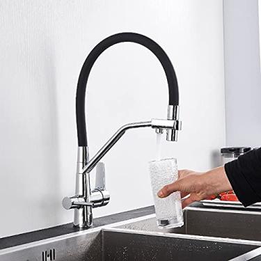 Imagem de RAUGAJ Torneiras, filtro purificação de cozinha torneira de cozinha rotativa flexível bico duplo alças duplas misturador misturador de água pura quente e fria/cromado B