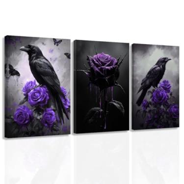 Imagem de ZXHYWYM Conjunto de arte de parede em tela gótica com 3 impressões de arte de corvo e rosa imagens góticas escuras pintura de corvo preto para quarto banheiro decoração de casa emoldurada (28 x 35 x 3