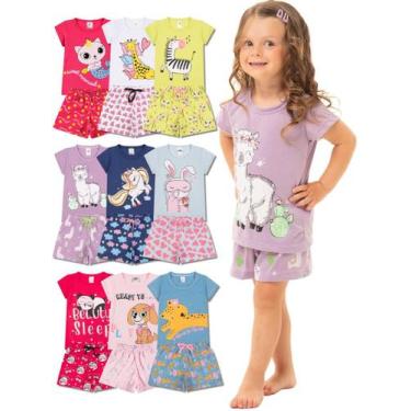Imagem de Kit 4 Peças de Pijamas Curto Infantis para bebê Meninas Confortáveis e