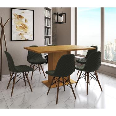 Imagem de Mesa Jantar Londres Retangular Canela 137X90Cm 6 Cadeiras Estofadas Verde Madeira