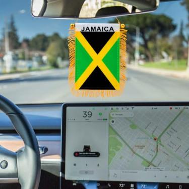 Imagem de Bandeira para pendurar na janela da Jamaica de 10 x 15 cm - Mini bandeira e decoração de espelho retrovisor de carro - Franja e dupla face - Bandeira pendurada da Jamaica com ventosa