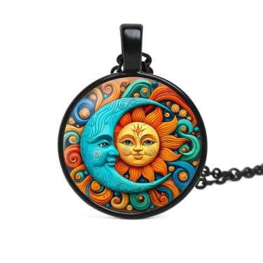Imagem de 1 colar com pingente redondo deslumbrante - padrão exclusivo de sol e lua, mosaico de vidro estilo pintura a óleo, estrutura de liga, corrente de suéter moderno, presente moderno para mulheres