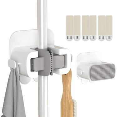 Imagem de TAILI Suporte de parede para esfregão e vassoura, 2 ganchos e 6 tiras adesivas, suporte de parede para pendurar sem danos, organizador de limpeza doméstica para organização e armazenamento, comporta