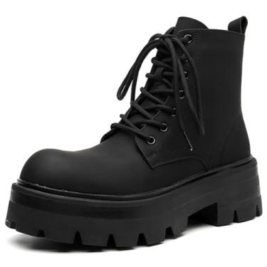 Imagem de CrazySavage Botas de combate masculinas de couro preto com cadarço, bico largo, zíper lateral, salto grosso, sola saliente, cano alto, botas de motociclista à prova d'água, Preto, 41