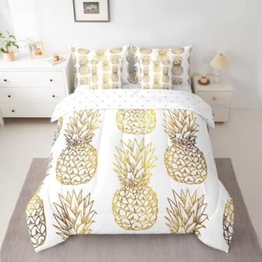 Imagem de Conjunto de edredom feminino de abacaxi, 7 peças, tamanho casal, com estampa de frutas tropicais em uma bolsa para crianças, adultos, conjunto de cama dourado com estampa de abacaxi fresco e lençol