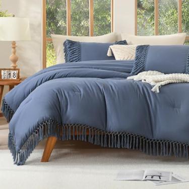 Imagem de Andency Conjunto de edredom Queen cinza azulado, 3 peças, boêmio, leve, conjunto de cama de outono com borlas enferrujadas (edredom de 2,24 x 224 cm e 2 fronhas)